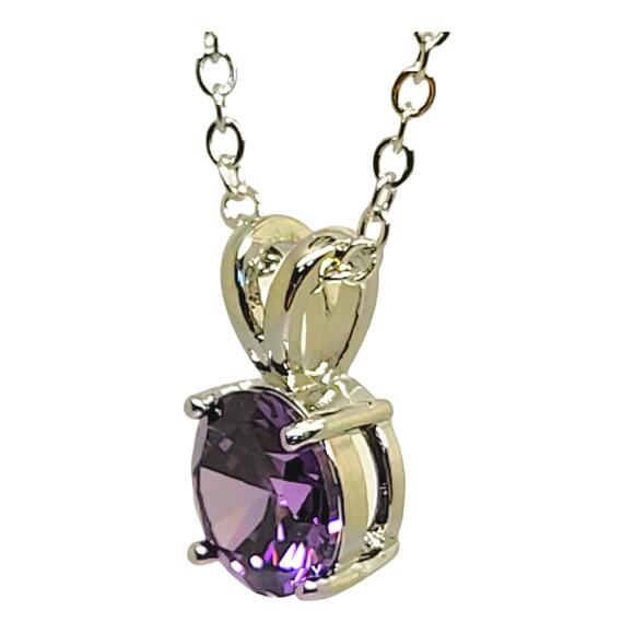 Rhodium Plated Silver 2ct Round Amethyst Solitaire Pendant 16-18" Rolo Chain - Picture 4 of 6